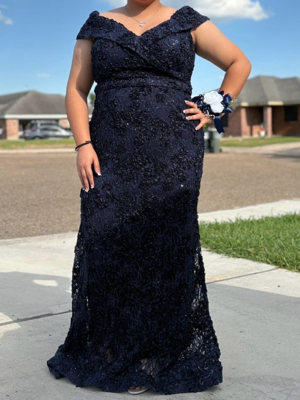 Xscape Navy Off-Shoulder Sequin Lace Prom Gown